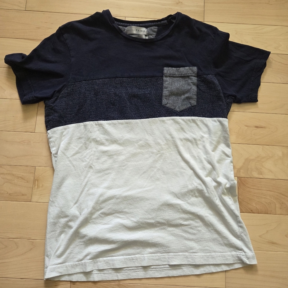 Zara Navy, White & Gray Colorblock Pocket Tee